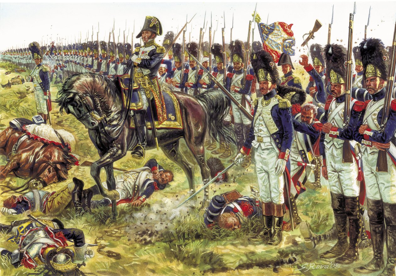 Första imperiet: slaget vid Essling (eller slaget vid Aspern) i maj 1809 mellan soldaterna i Napoleon I:s stora armé under ledning av general Dorsenne och den österrikiska armén - Första imperiet: slaget vid Aspern-Essling i maj 1809 mellan den kejserliga  av Giuseppe Rava