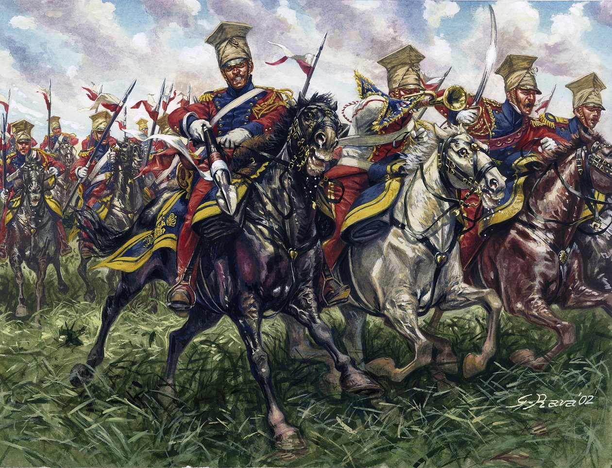 Första kejsardömet: det kejserliga gardets röda lansiärer eller regemente av hästlansiärer under slaget vid Waterloo den 18/06/1815 - Första kejsardömet: det kejserliga gardets andra regemente av lätta kavallerilansiärer (röda lansiärerna eller röda lansiä av Giuseppe Rava