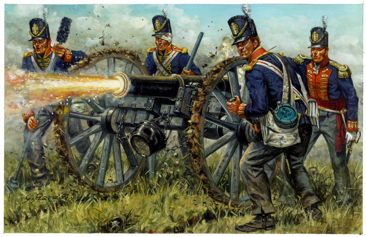 First Empire: det kungliga fotartilleriet under slaget vid Waterloo den 18 juni 1815 - Illustration av Giuseppe Rava av Giuseppe Rava
