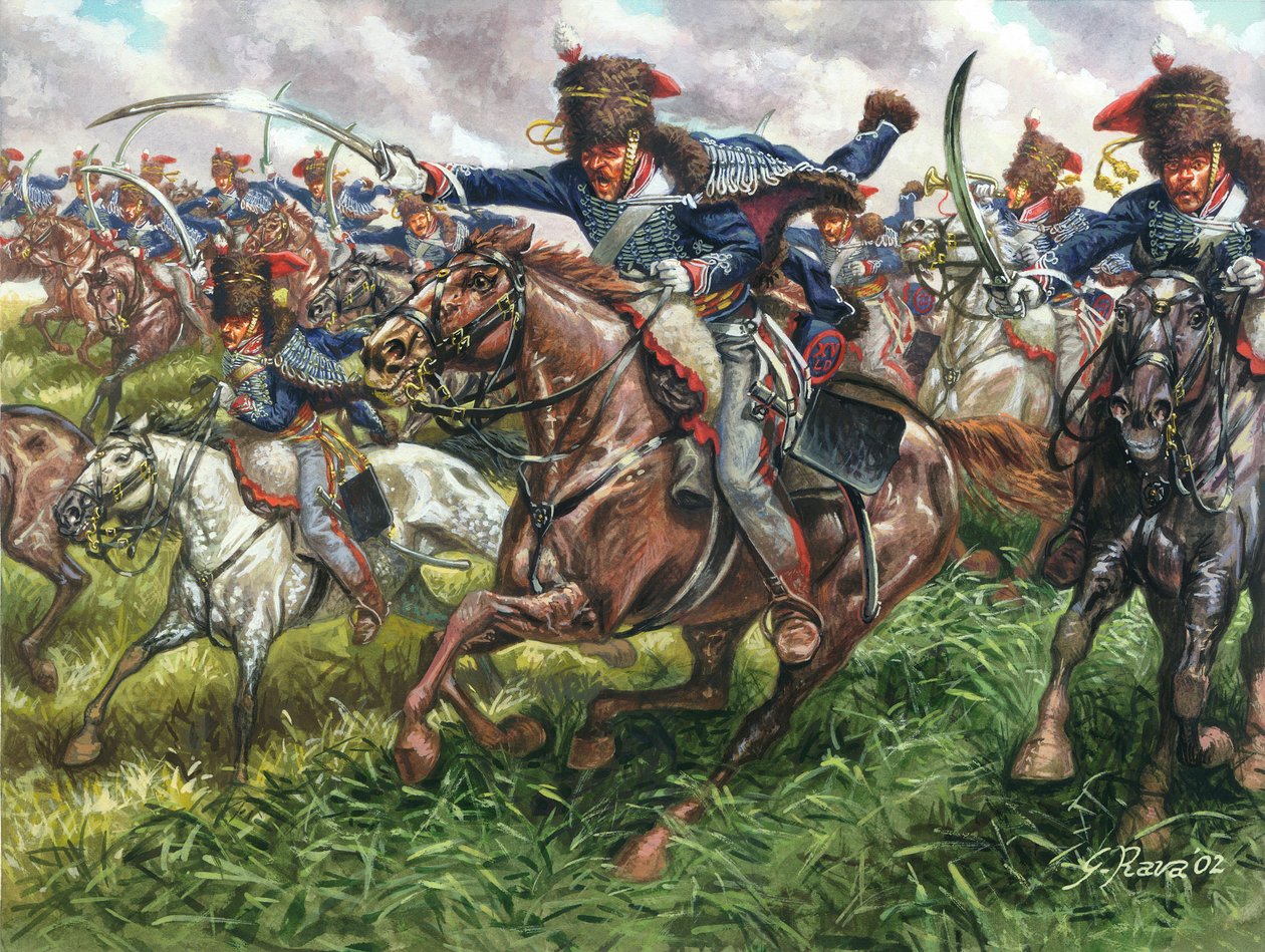 Första imperiet: anfallet av det 15:e regementet av engelska dragoner i slaget vid Waterloo den 18/06/1815 - Första imperiet: anfallet av det 15:e regementet av brittiska dragoner i Waterloo den 18 juni 1815 - Illustration av Giuseppe Rava av Giuseppe Rava