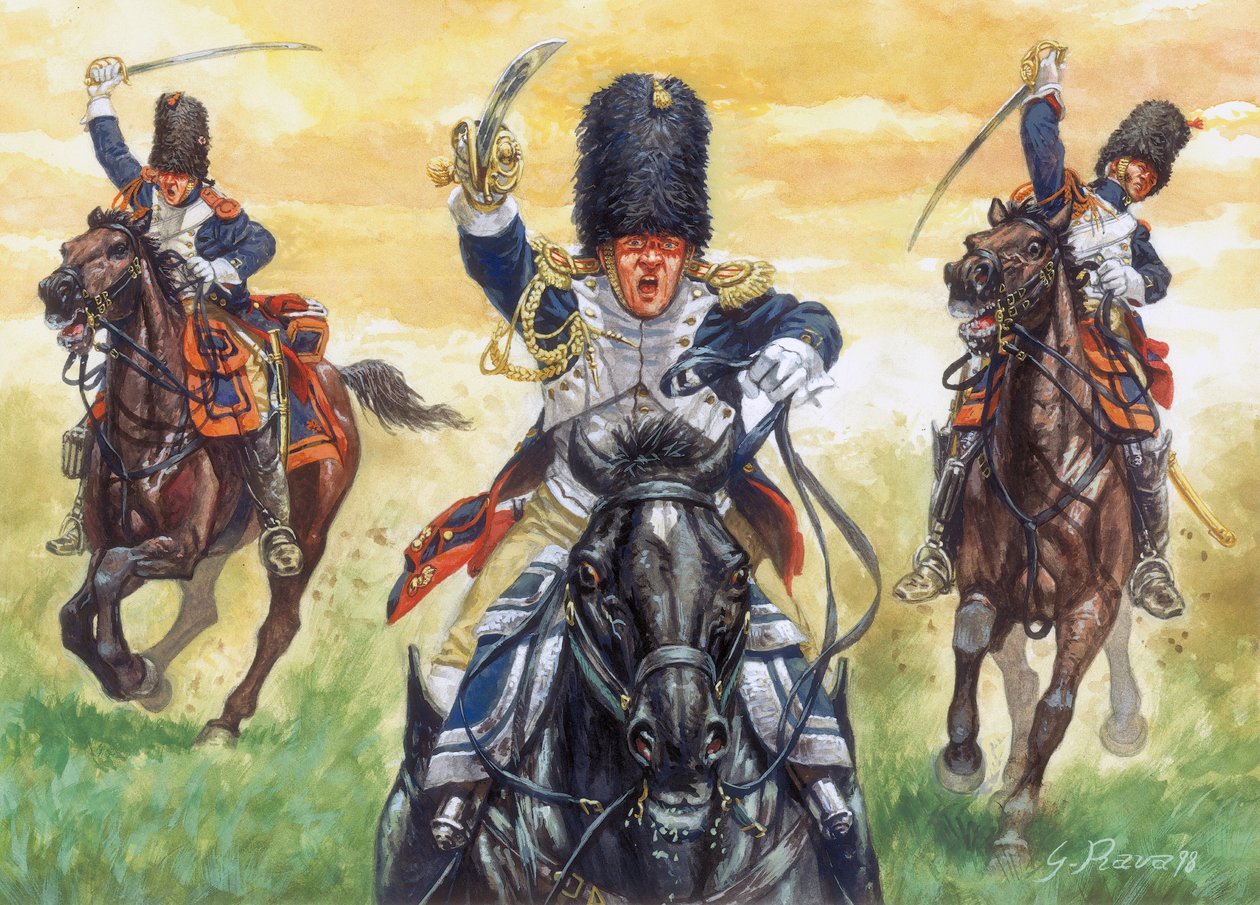 Första kejsardömet: grenadjärernas anfall till häst från Napoleon I:s kejserliga garde till slaget vid Eylau 8/02/1807 - Fjärde koalitionskriget: Slaget vid Eylau (eller slaget vid Preussisch-Eylau), den 7 och 8 februari 1807, gardet Gr av Giuseppe Rava