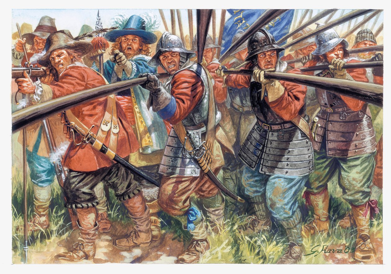 Första engelska revolutionen (1641-1649): Infanterister från Oliver Cromwells New Model Army (1599-1658) - Engelska inbördeskriget: pikenerare från Oliver Cromwells New Model Army - Illustration av Giuseppe Rava av Giuseppe Rava