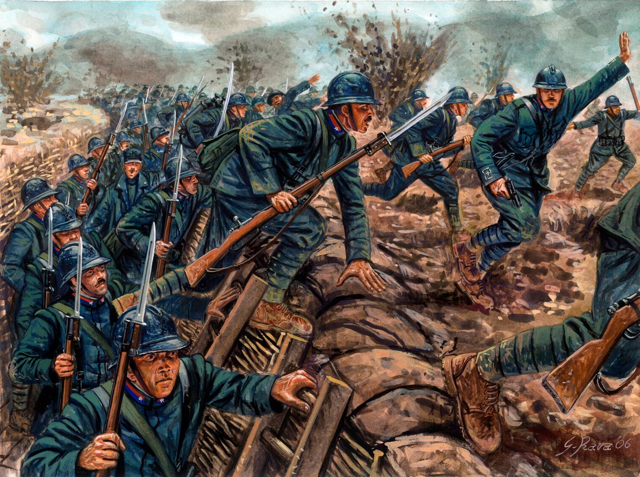 Första världskriget: Det italienska infanteriets anfall - WWI: italienska soldater som anfaller från ett skyttevärn - Illustration av Giuseppe Rava av Giuseppe Rava