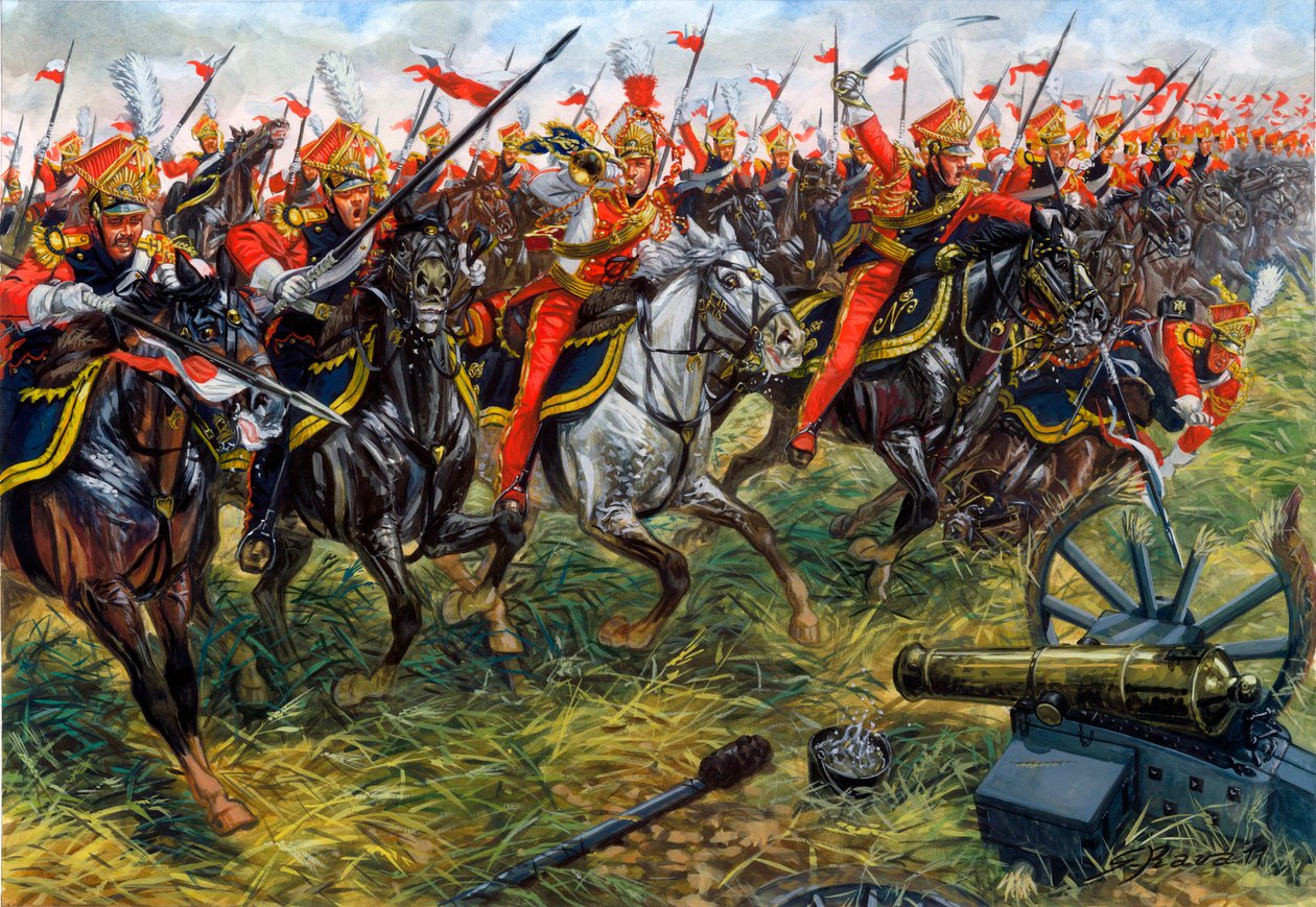 Första kejsardömet: 2:a regementet av spjutkastare från Napoleon I:s kejserliga garde i slaget vid Waterloo 18/06/1815 - Första kejsardömet: 2:a regementet av lätta kavallerister från Napoleon I:s kejserliga garde i Waterloo den 18 juni 1815 - Illustratio av Giuseppe Rava