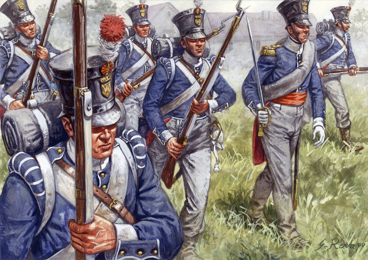 Första kejsardömet: belgiskt eller nederländskt infanteri omkring 1815 - Första kejsardömet: belgiskt eller nederländskt infanteri - Illustration av Giuseppe Rava av Giuseppe Rava