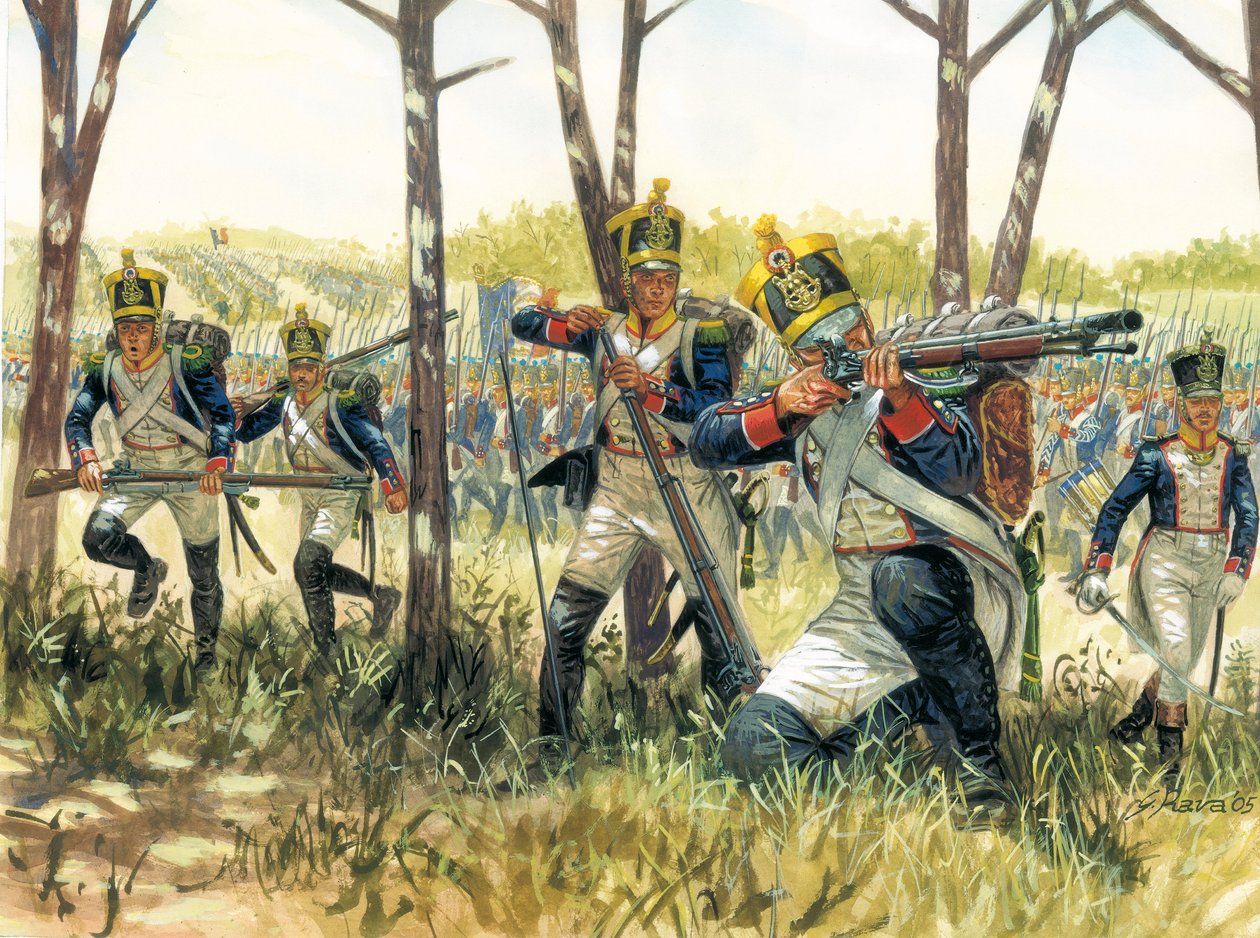 Första imperiet: Franska infanteri voltigeurs - Första kejsardömet: franska skärmytslings voltigeurs - Illustration av Giuseppe Rava av Giuseppe Rava