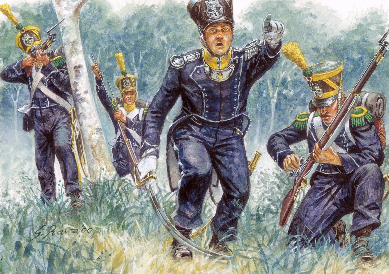 Första imperiet: lätt infanteri Voltigeurs i skogen - Första imperiet: Lätta infanteriets voltigeörer i skogen - Illustration av Giuseppe Rava av Giuseppe Rava