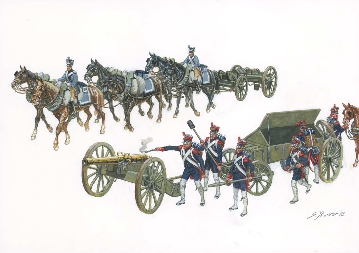 Första kejsardömet: artillerisystemet Gribeauval av Jean Baptiste de Gribeauval (1715-1789) som omorganiserade artilleriet under Ludvig XV - Första kejsardömet: systemet Gribeauval införde förbättrad teknik i det franska artilleriet sedan 1765 - Illustrati av Giuseppe Rava