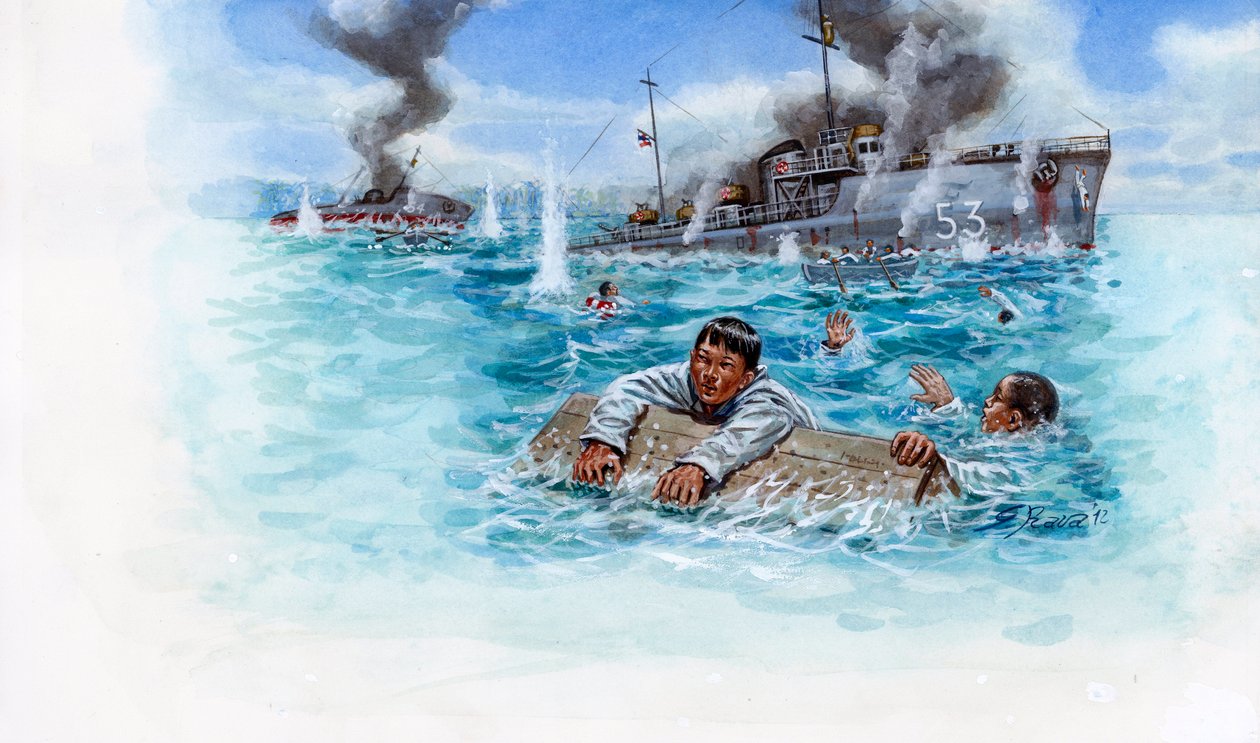 Fransk-thailändska kriget (1940-1941): sjöslag mellan den thailändska armén under general Plaek Pibulsonggram dit Phibun och den franska armén under Vichy-regeringen i Indokina - Fransk-thailändska kriget: sjöslag mellan Thailand och Vichy-Frankrike - Illu av Giuseppe Rava