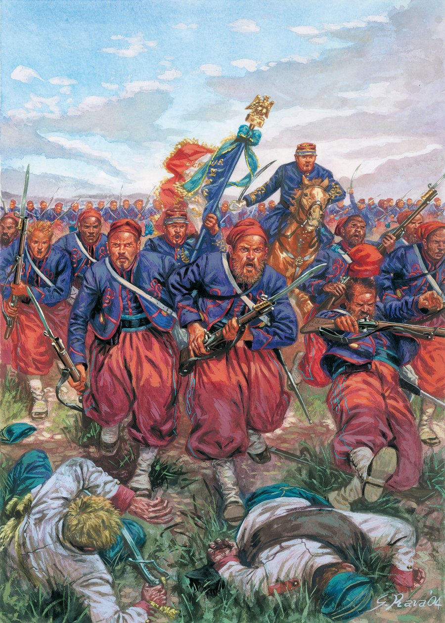 Italienska fälttåget 1859 (andra italienska självständighetskriget): anfall av Zouaves från Napoleon III:s franska armé under slaget vid Solferino den 24/06/1859 - Andra italienska självständighetskriget (fransk-österrikiska kriget, austro-sardinska kriget av Giuseppe Rava