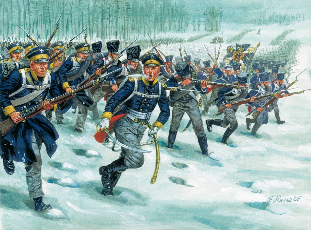 Landwehr (eller Landeswehr) av det preussiska infanteriet på snö av Giuseppe Rava
