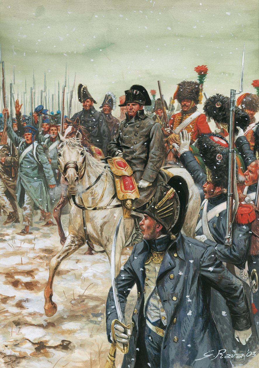 Länge leve kejsaren! Kejsar Napoleon I (1769-1821) en häst omringar hans armé under det franska fälttåget i januari 1814" - Sjätte koalitionskriget, slag i Frankrike, kejsar Napoleon I omringad av sin armé under det franska fälttåget - Illustration av G av Giuseppe Rava