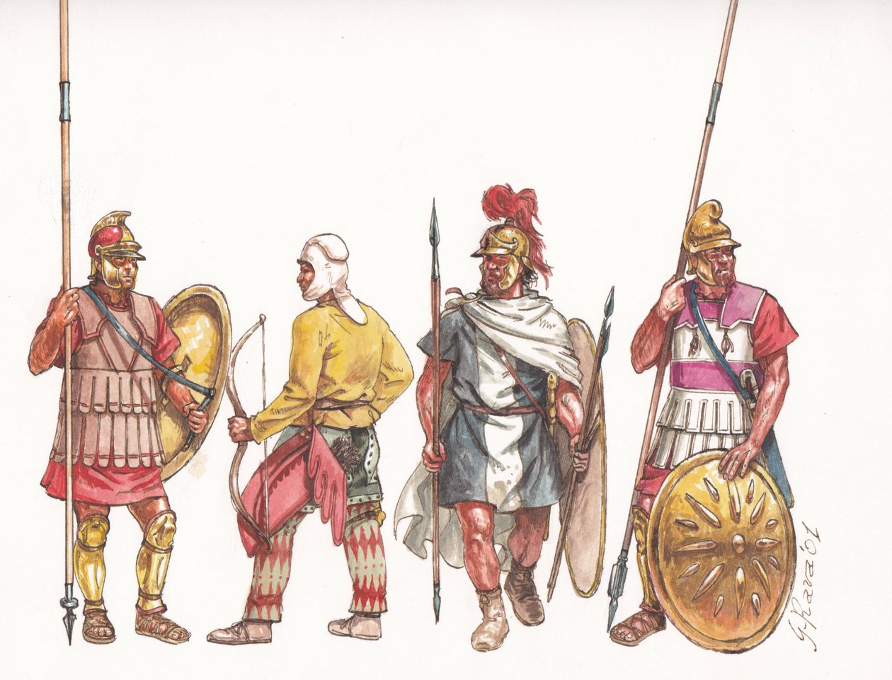 Makedonska armén falangitis pikeman bågskytt och persisk legosoldat av Giuseppe Rava