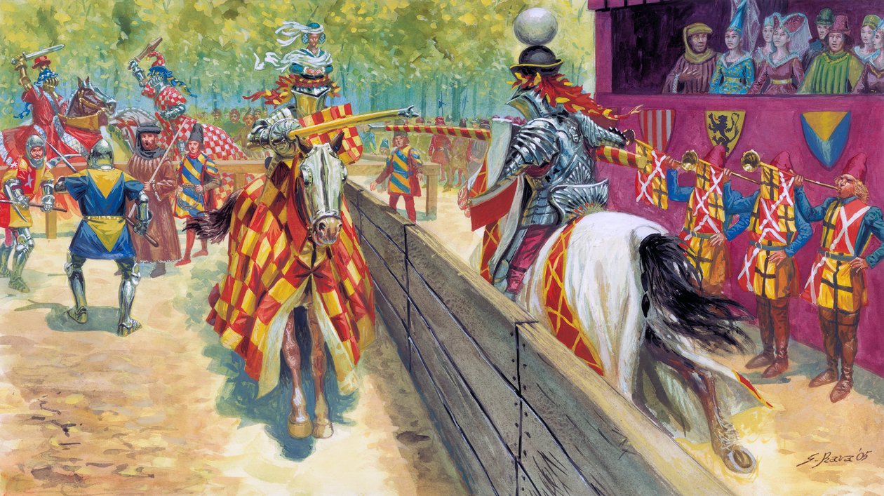 Medeltiden: Chevaleresque turneringsscen - turnering (tourney), ridderlig tävling - av Giuseppe Rava