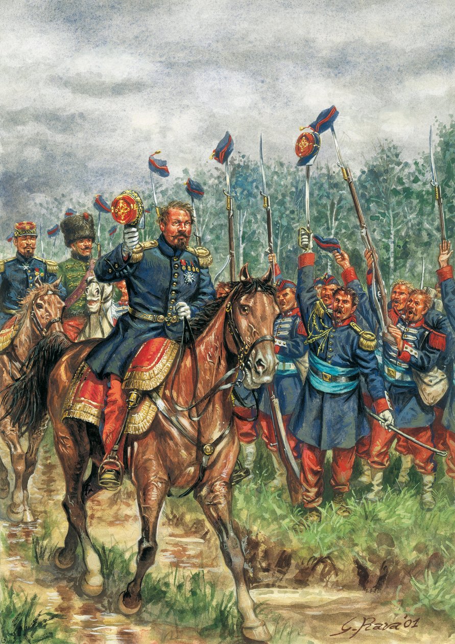 Napoleon III (1808-1873) en häst som hälsas av sin armé (teckning) av Giuseppe Rava
