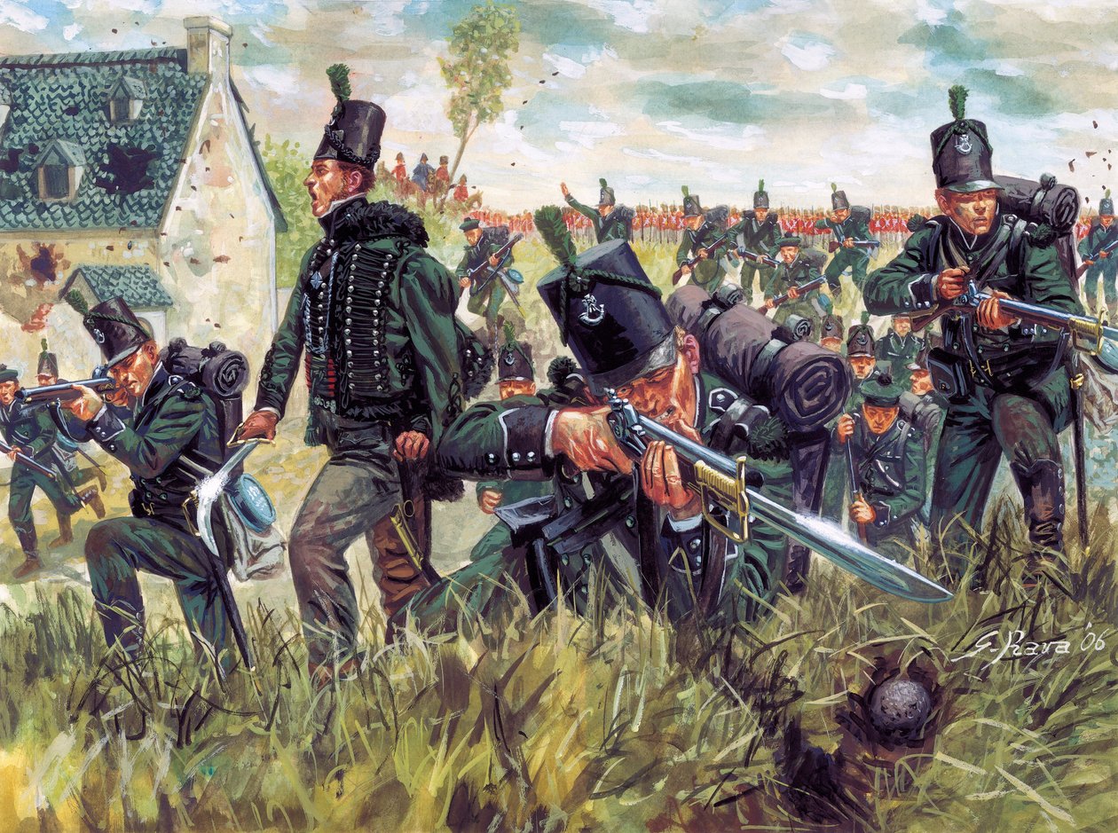 Napoleonkriget: Brittiska gevärsskyttar från 95th Regiment of Rifliers försvarar ett sandbrott under slaget vid Waterloo 18/06/1815 - (Napoleonkrigen: brittiska gevärsskyttar försvarar ett sandbrott under slaget vid Waterloo den 18 juni 1815) Illustration  av Giuseppe Rava