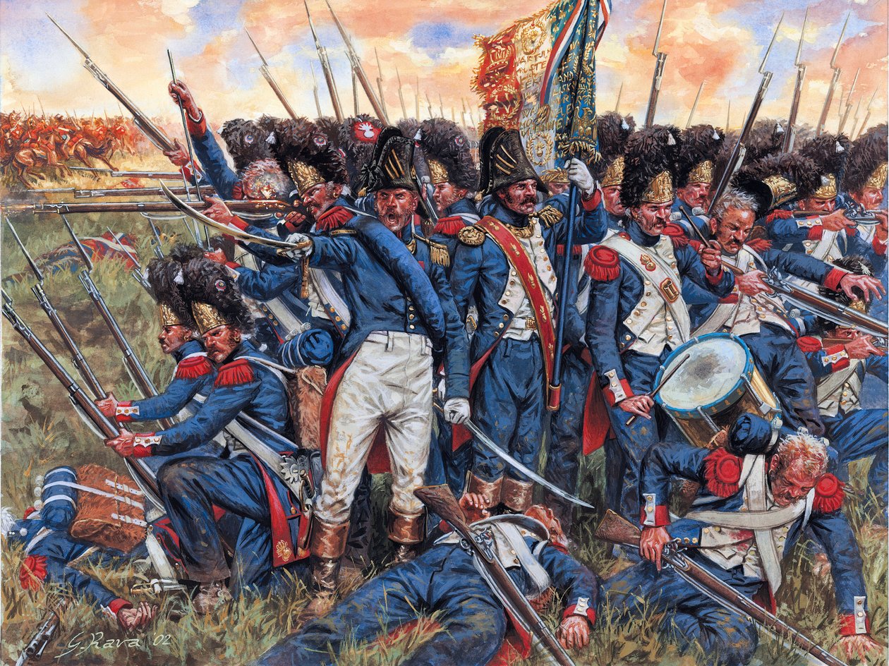 Napoleonkriget: Grande Armee under slaget vid Waterloo den 18 juni 1815 har tryckt in sina sista trådar - Napoleonkriget: Grande Armee under slaget vid Waterloo den 18 juni 1815 har tryckt in sina sista trådar - Illustration av Giuseppe Rava av Giuseppe Rava