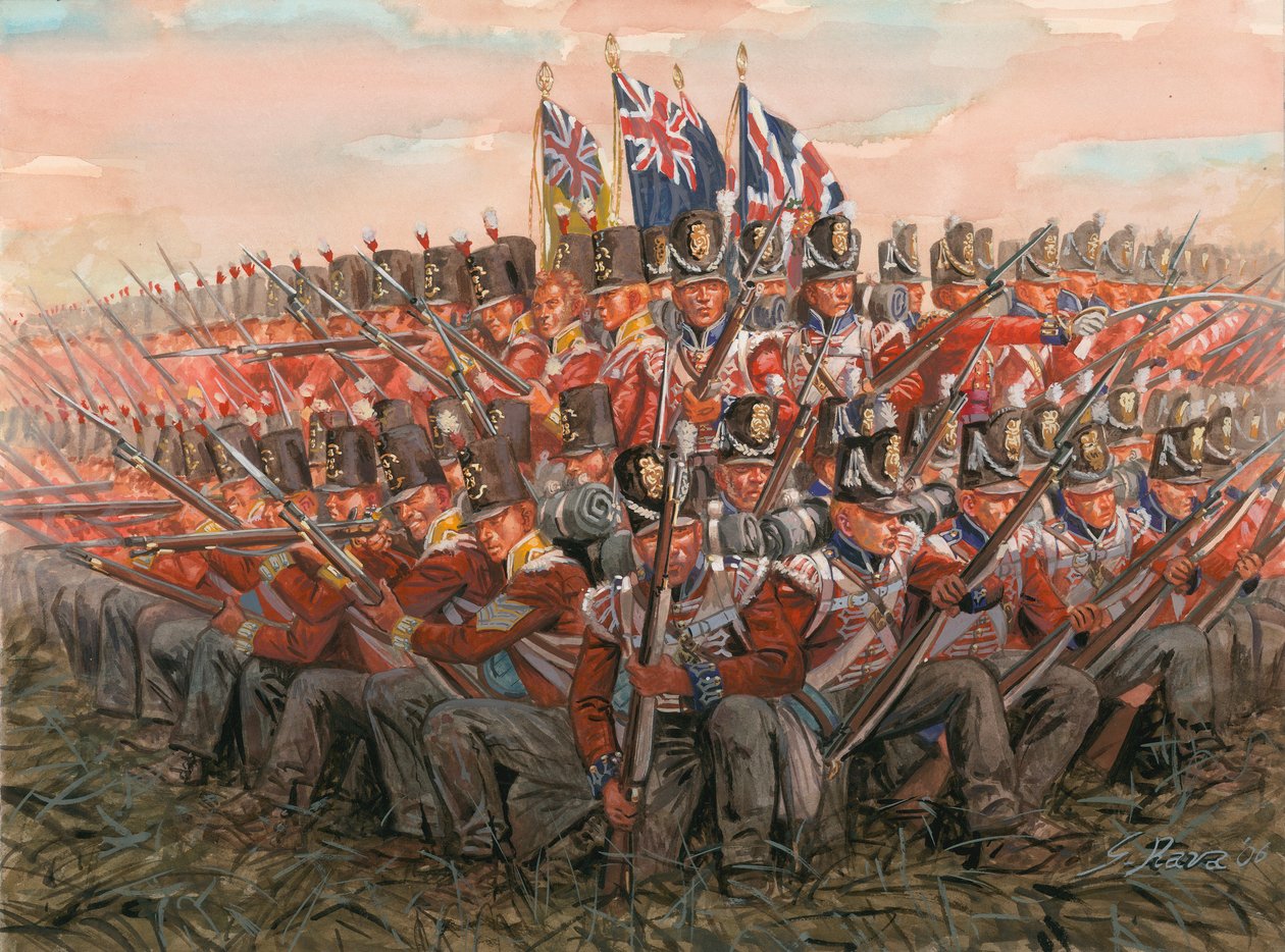 Napoleonkrigen: Engelska soldater under slaget vid Waterloo 18 juni 1815 Illustration av Giuseppe Rava av Giuseppe Rava