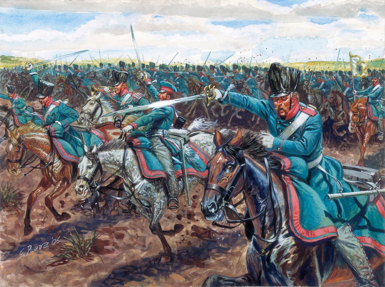 Napoleonkrigen: prussianska dragoner som laddar Illustration av Giuseppe Rava av Giuseppe Rava