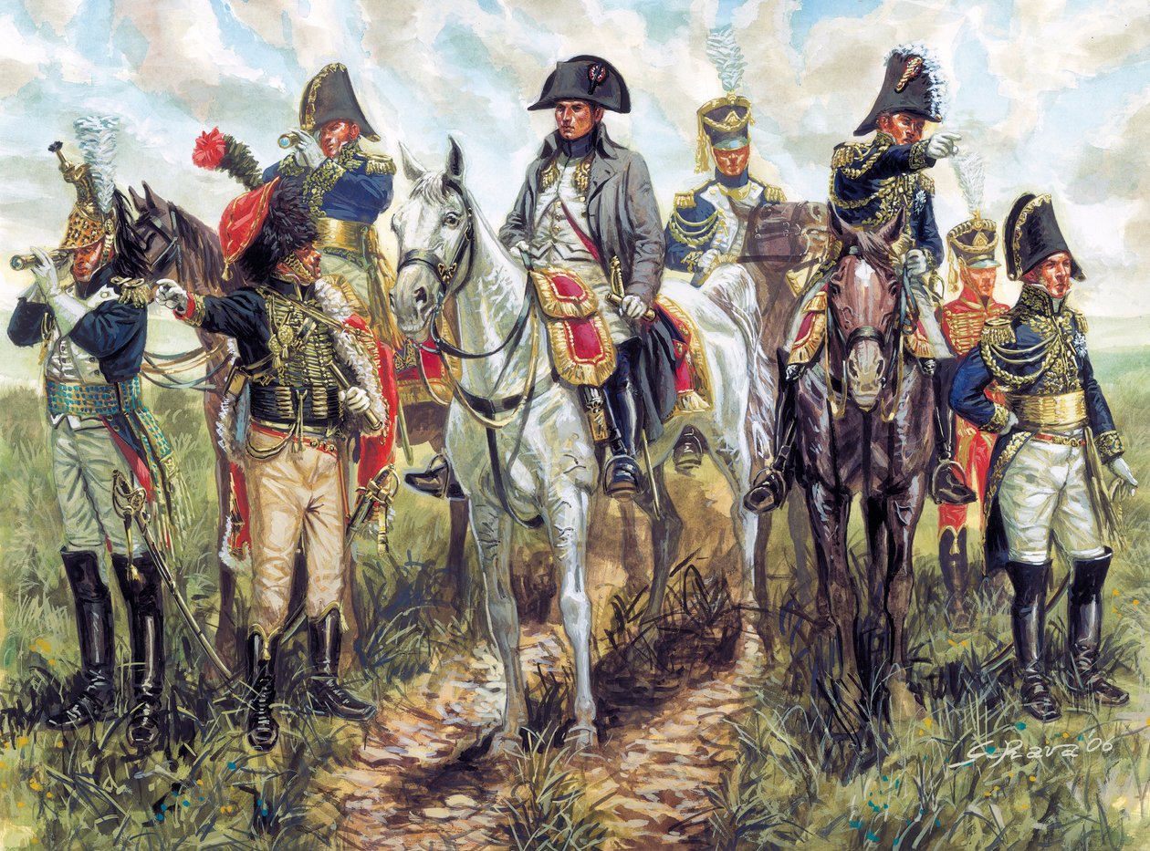 Porträtt av Napoleon I (1769-1821) och hans stab - Porträtt av den franske kejsaren Napoleon I och hans stab - Illustration av Giuseppe Rava av Giuseppe Rava