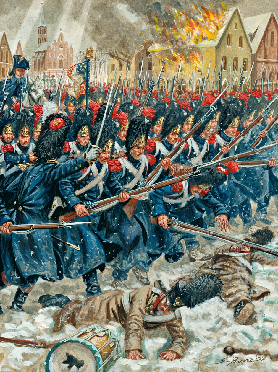 Preussiska fälttåget: "Vapnet i armen" Grenadjärer ur det kejserliga gardet i slaget vid Eylau den 8/02/1807 - preussiska fälttåget: Slaget vid Eylau (eller slaget vid Preussisch-Eylau) den 7 och 8 februari 1807 mellan Napoleons Grande Armee och en rysk E av Giuseppe Rava