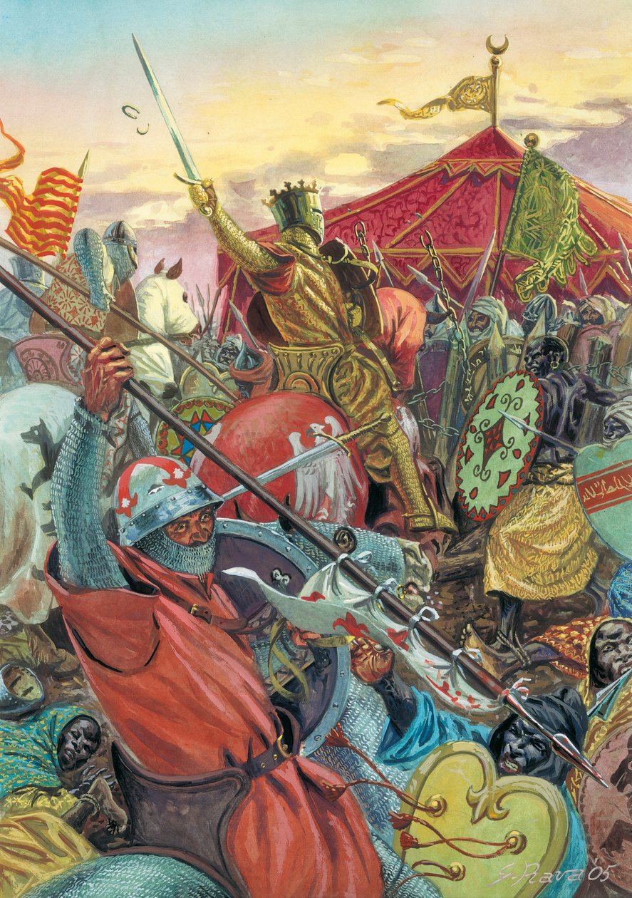 Spaniens återerövring: Slaget vid Navas de Tolosa den 16/07/1212 mellan de kristna och morernas armé - reconquista: Slaget vid Las Navas de Tolosa (slaget vid Al-Uqab) den 16 juli 1212 mellan styrkor från kung Alfonso VIII av Kastilien tillsammans med av Giuseppe Rava