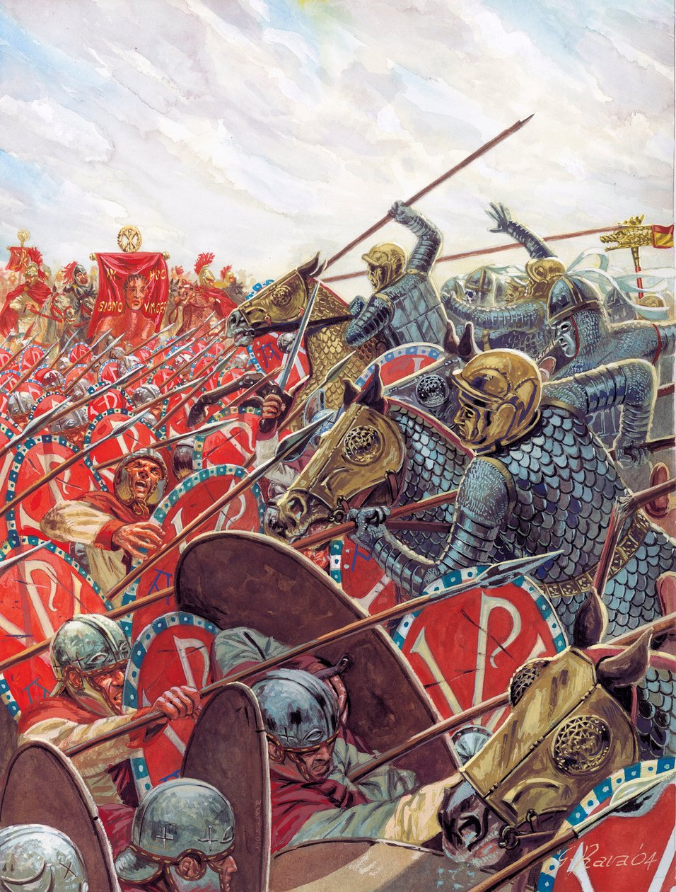 Romersk antikvitet: Slaget vid Milviusbron den 28/10/312 mellan Konstantin och Maxence nära Rom, Italien - Slaget vid Milviusbron mellan de romerska kejsarna Konstantin I och Maxentius den 28 oktober 312 nära Rom - Illustration av Giuseppe Rava av Giuseppe Rava