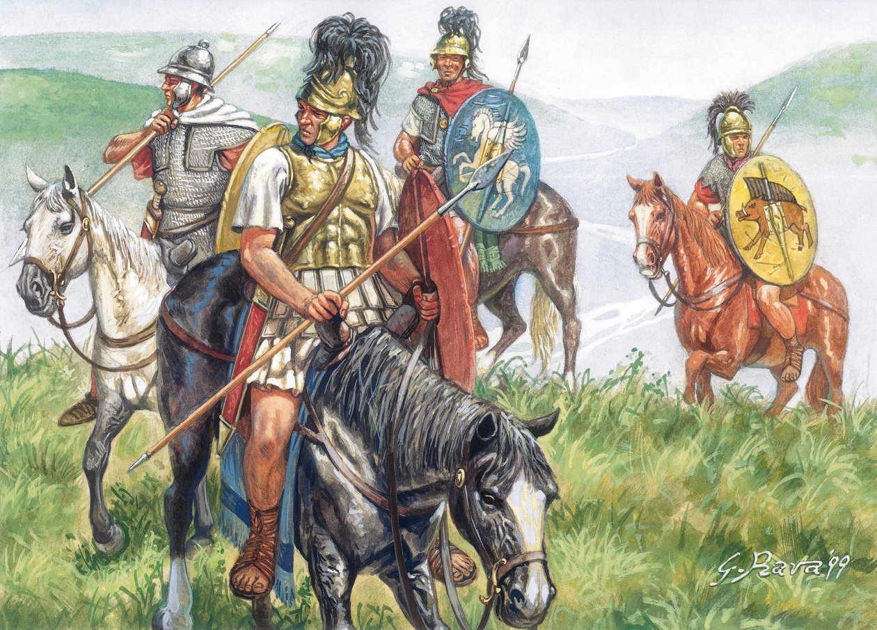 Roman antiquite (Republiken): en grupp romerska ryttare - Romerska republiken: romerskt kavalleri - Illustration av Giuseppe Rava av Giuseppe Rava