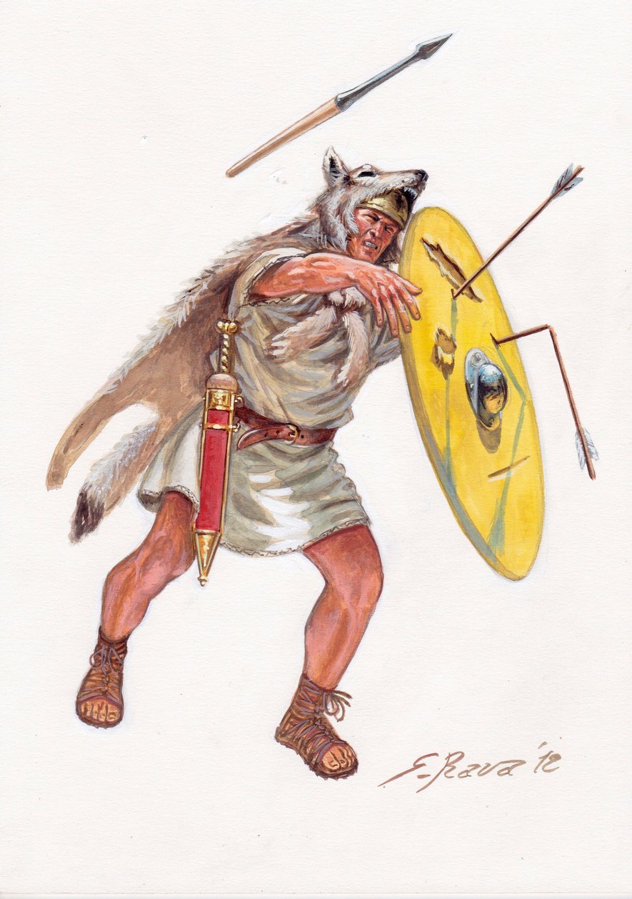Romersk antik (republik): velite (lätt infanterist från de fattiga århundradena) i den romerska armén - velites från romerska republiken - Illustration av Giuseppe Rava av Giuseppe Rava