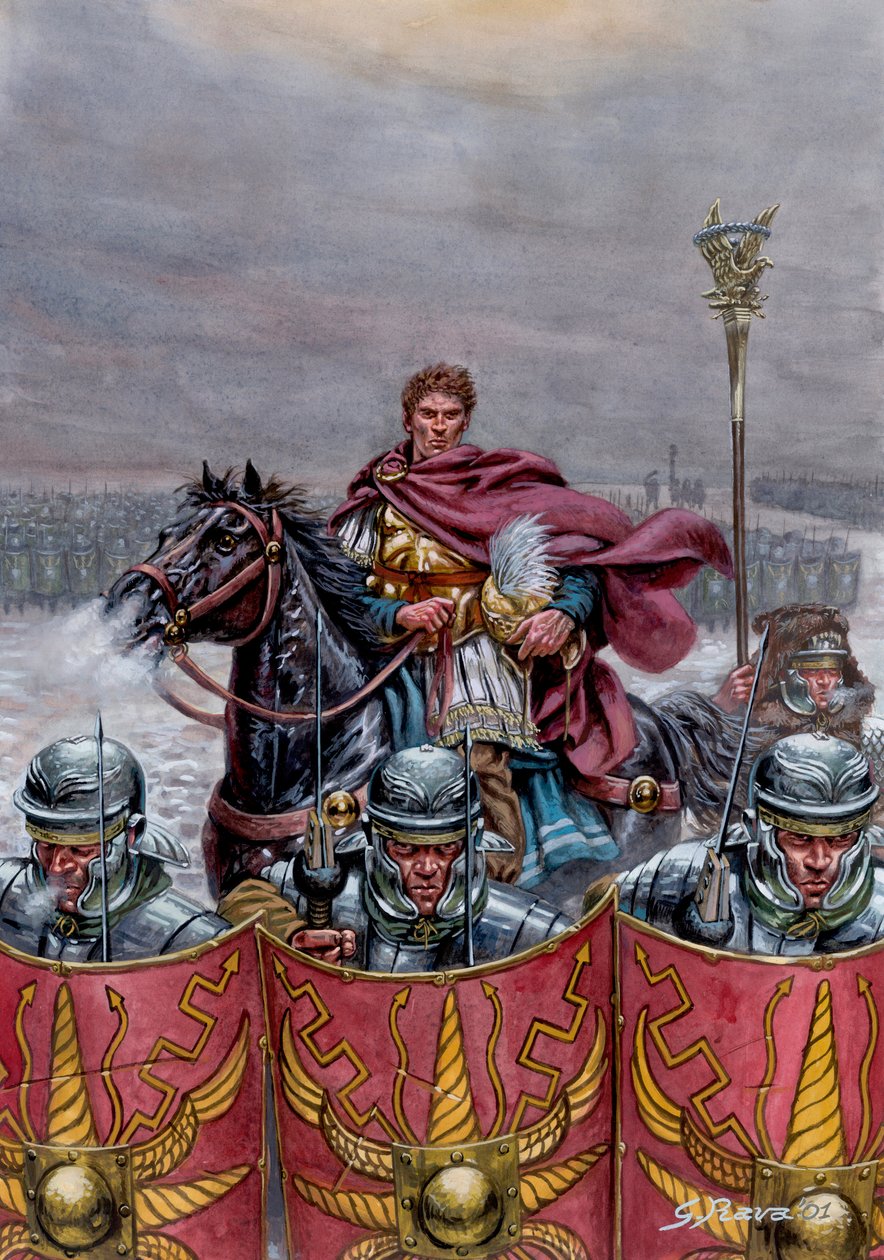 Romersk antikvitet: Romersk armé nära Hadrianus mur i Skottland, 2:a århundradet e Kr - Illustration av Giuseppe Rava av Giuseppe Rava