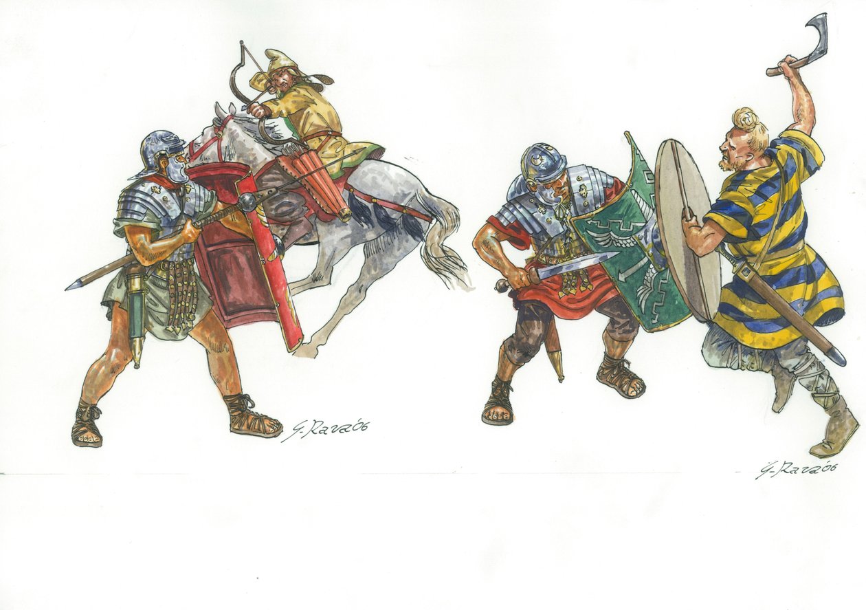 Romerska legionärer kämpar mot en parthisk ridande bågskytt och en frankisk krigare av Giuseppe Rava