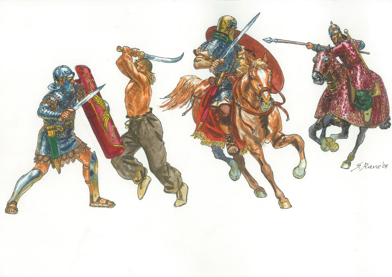 Romersk legionär kämpar mot en dakisk krigare och romersk ryttare mot en sarmatisk katafraktor av Giuseppe Rava