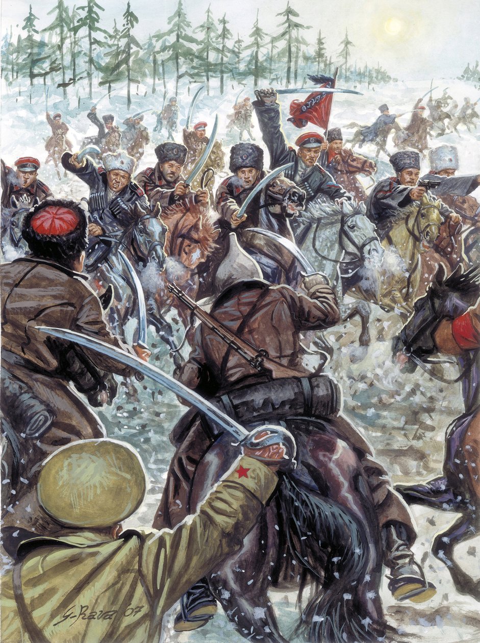 Ryska inbördeskriget (1917-1923): Kaukasiska soldater vid de vita arméernas sida 1919 - Ryska inbördeskriget: kosackerna kämpar mot den vitryska armén 1919 - Illustration av Giuseppe Rava av Giuseppe Rava
