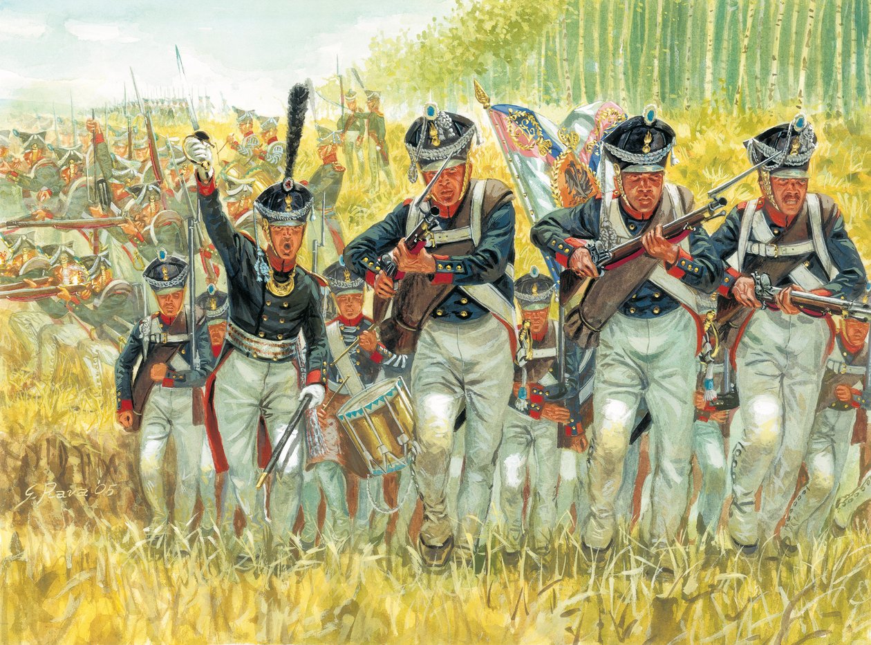 Ryska fälttåget: Ryska linjens infanteri mot Napoleon I:s (1769-1821) armé 1812 - Franska invasionen av Ryssland: Ryska kejserliga infanteriet mot Napoleon I:s stora armé av Giuseppe Rava