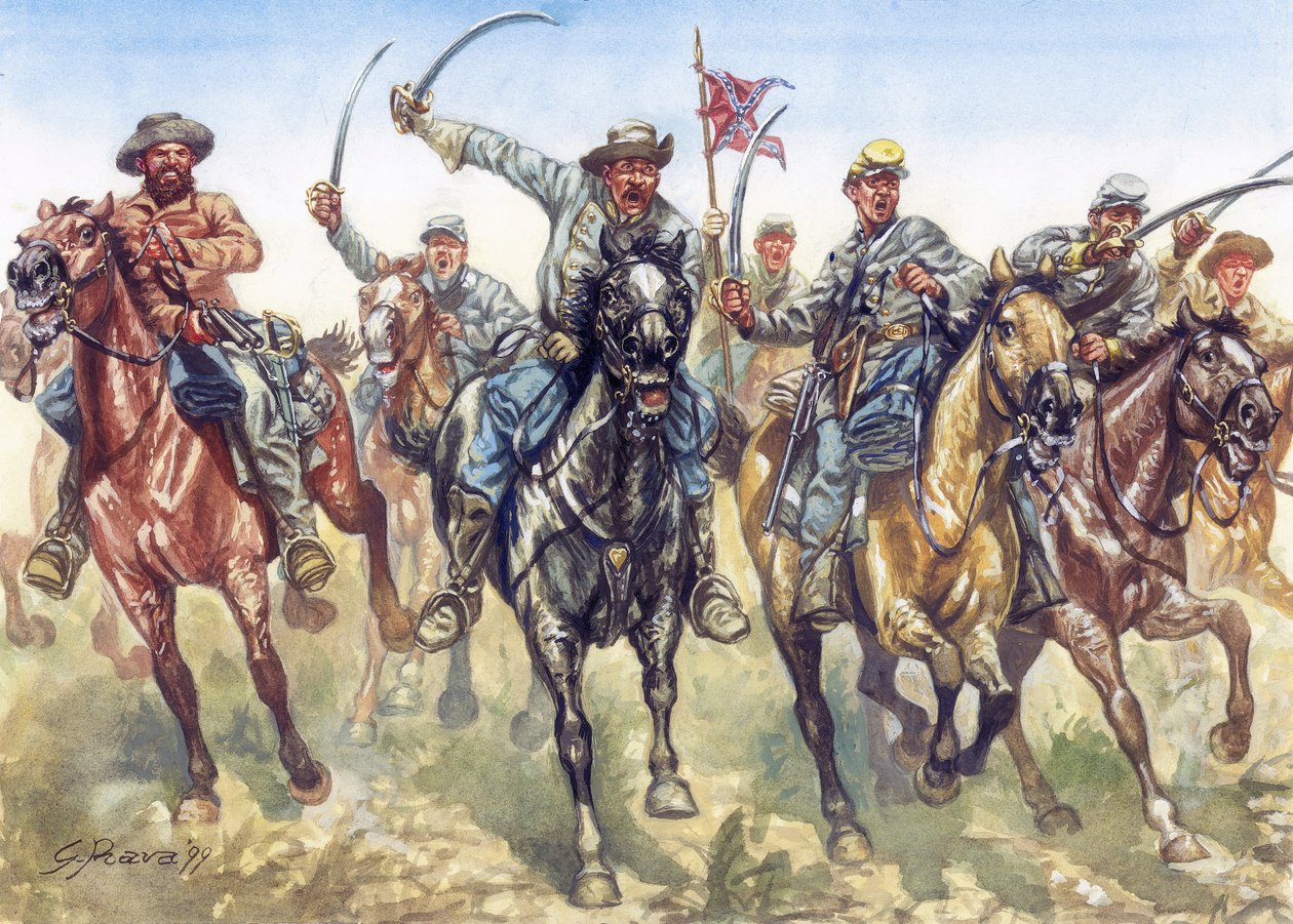 Secessionskriget (1861-1865) - Amerikanska inbördeskriget: de konfedererade soldaternas kavalleri i anfall - Illustration av Giuseppe Rava av Giuseppe Rava