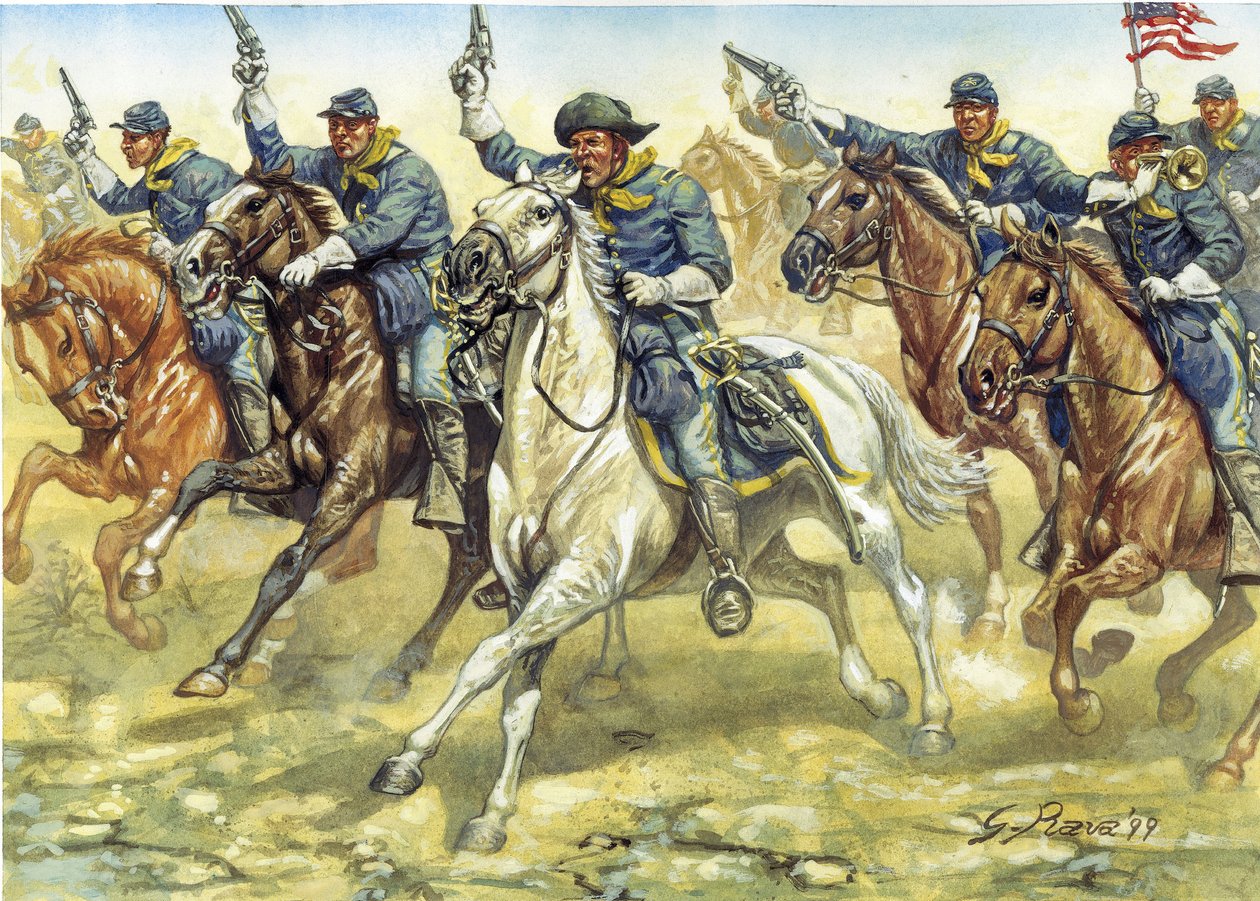 Secessionskriget (1861-1865): soldater ur nordstaternas kavalleri (unionen) under ett slag - Amerikanska inbördeskriget: soldater ur nordstaternas kavalleri (unionen) under ett slag - Illustration av Giuseppe Rava av Giuseppe Rava