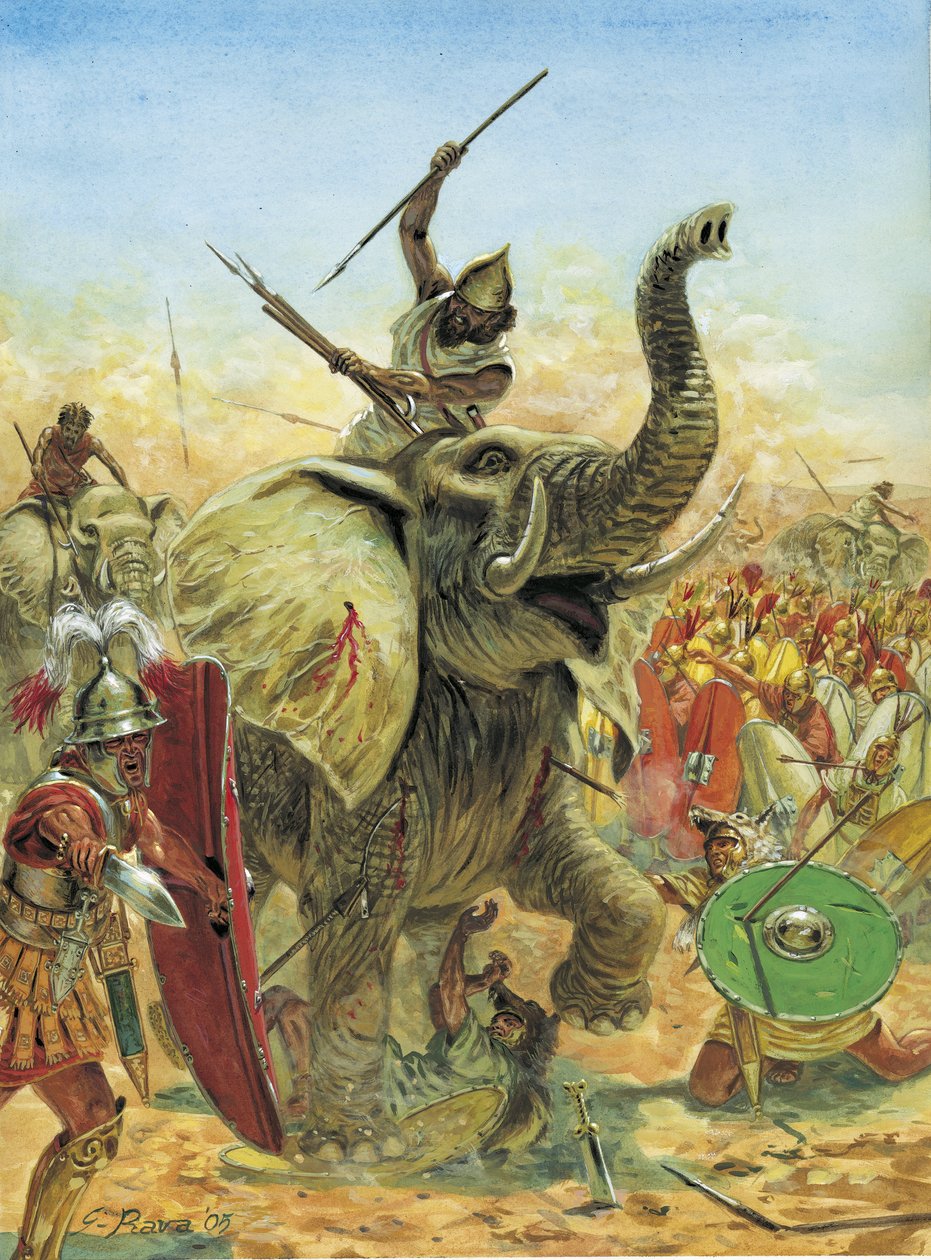 Andra puniska kriget: Slaget vid Zama (202 f.Kr.) de kartagiska elefanterna av Giuseppe Rava