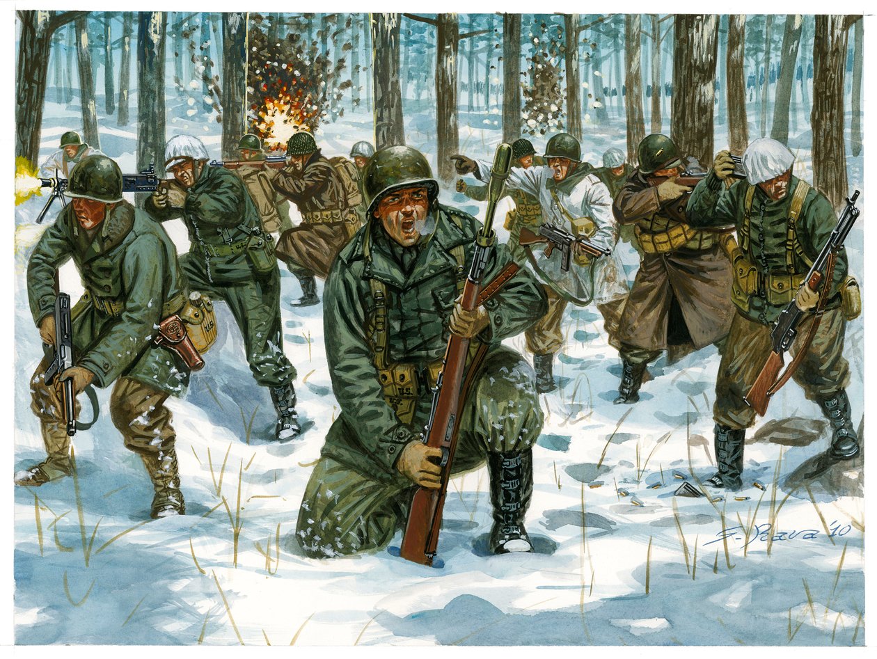 Andra världskriget: Amerikansk infanterioffensiv under Ardenneroffensiven i Bastogne, december 1944 - Andra världskriget: Amerikansk offensiv under Ardenneroffensiven, december 1944 - Illustration av Giuseppe Rava av Giuseppe Rava