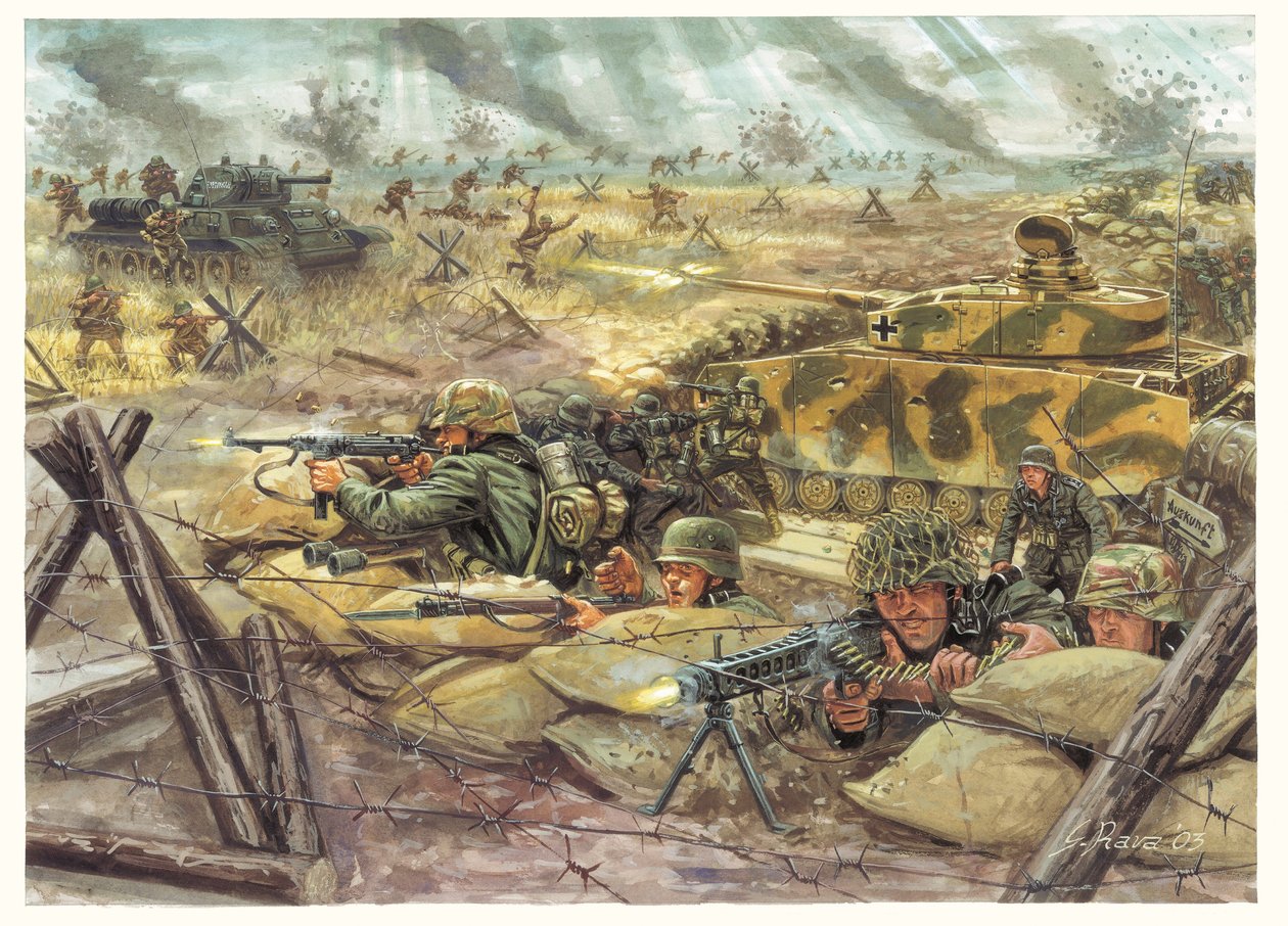 Andra världskriget: Slaget om Kursk 1943 mellan tyska och sovjetiska styrkor - WWII: Slaget om Kursk 1943 mellan tyska och sovjetiska styrkor - Illustration av Giuseppe Rava av Giuseppe Rava