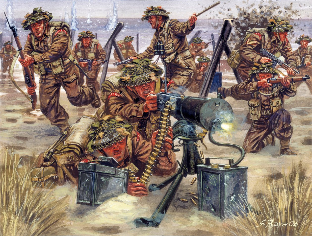 Andra världskriget: Landsättning i Normandie i juni 1944, engelska soldater - WWII: Landstigningen i Normandie, de brittiska trupperna, 6 juni 1944 - Illustration av Giuseppe Rava av Giuseppe Rava