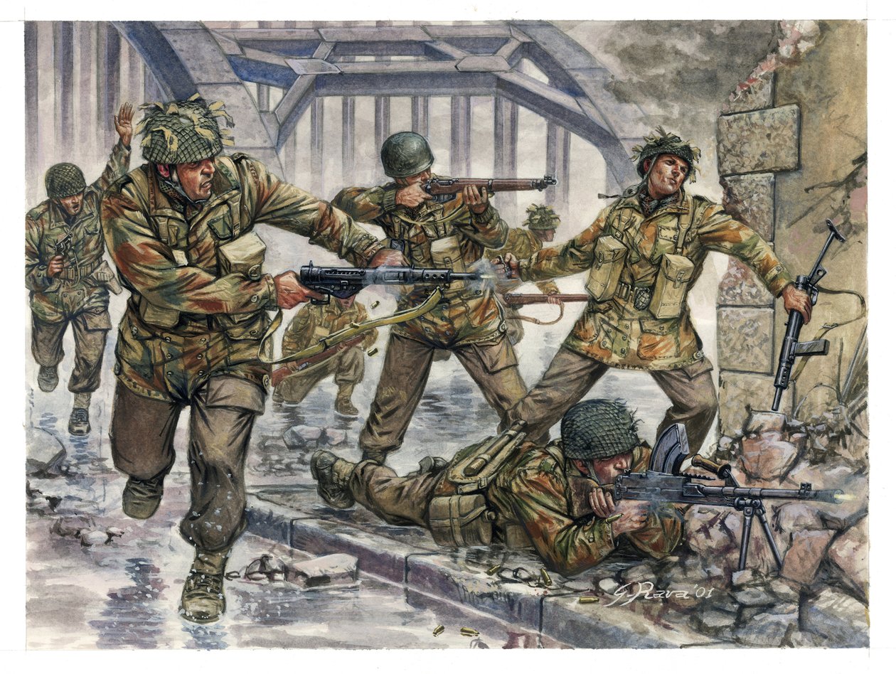 Andra världskriget: Engelska fallskärmsjägare med smeknamnet "Red Devils" under Operation Market Garden i Holland i september 1944 - WWII: Operation Market Garden, de brittiska fallskärmsjägarna kända som de röda djävlarna, i september 1944 - Illustration  av Giuseppe Rava