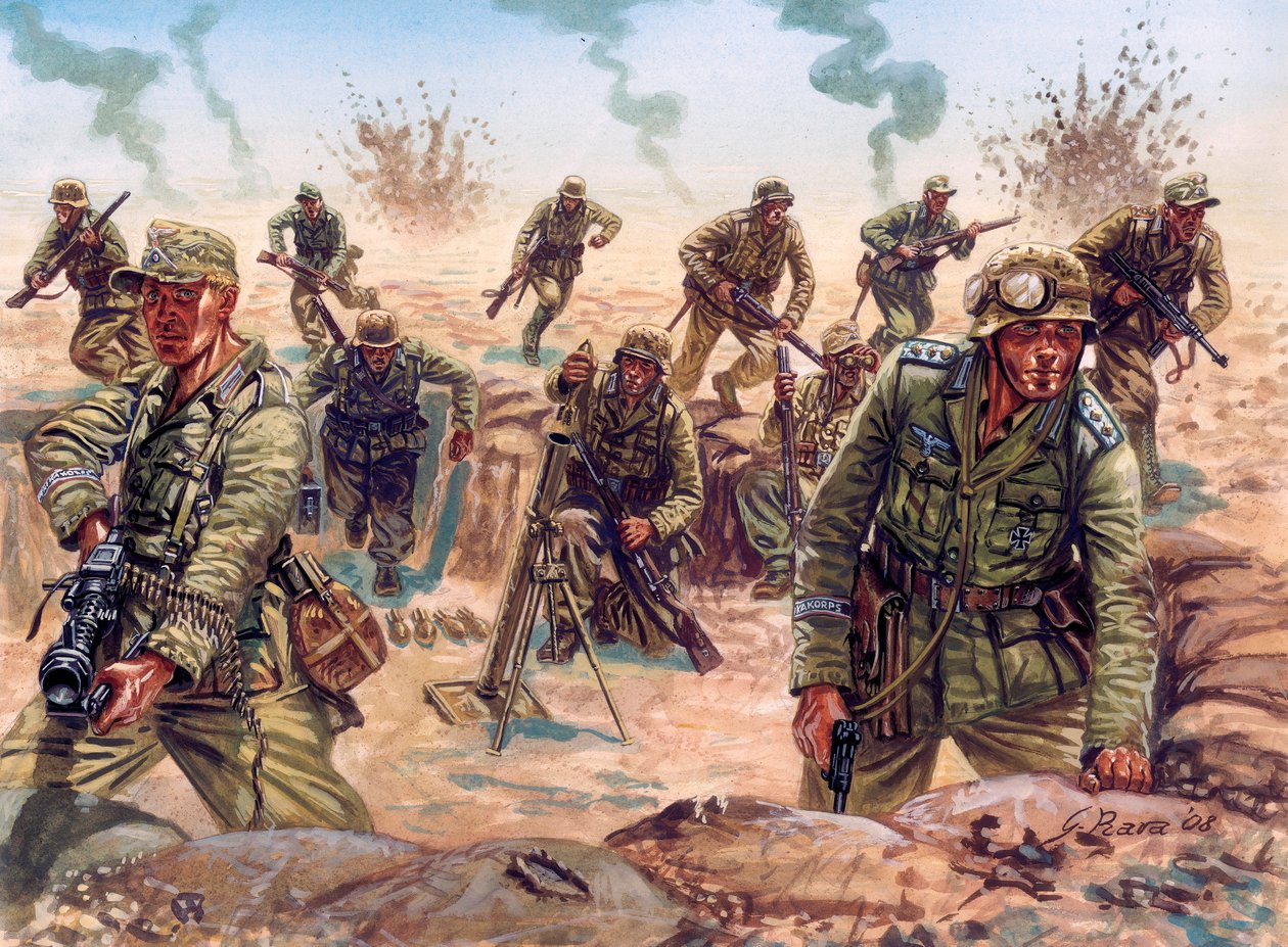 Andra världskriget, Nordafrikakampanjen: soldat i Deutsches Afrikakorps (Afrikakorps eller DAK), tyska expeditionskåren, i den libyska öknen av Giuseppe Rava