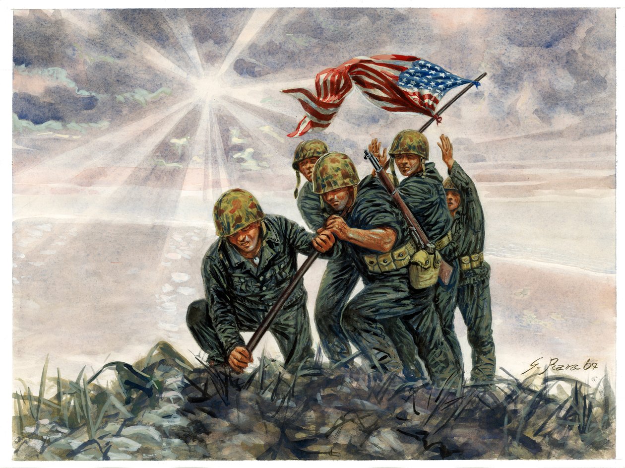 Andra världskriget, Stillahavskriget: Slaget vid Iwo Jima, amerikanska marinkårens seger i februari 1945 - Andra världskriget, Stillahavskriget: Slaget om Iwo Jima (Operation Detachment), den amerikanska marinkåren hissar den amerikanska flaggan, februari  av Giuseppe Rava