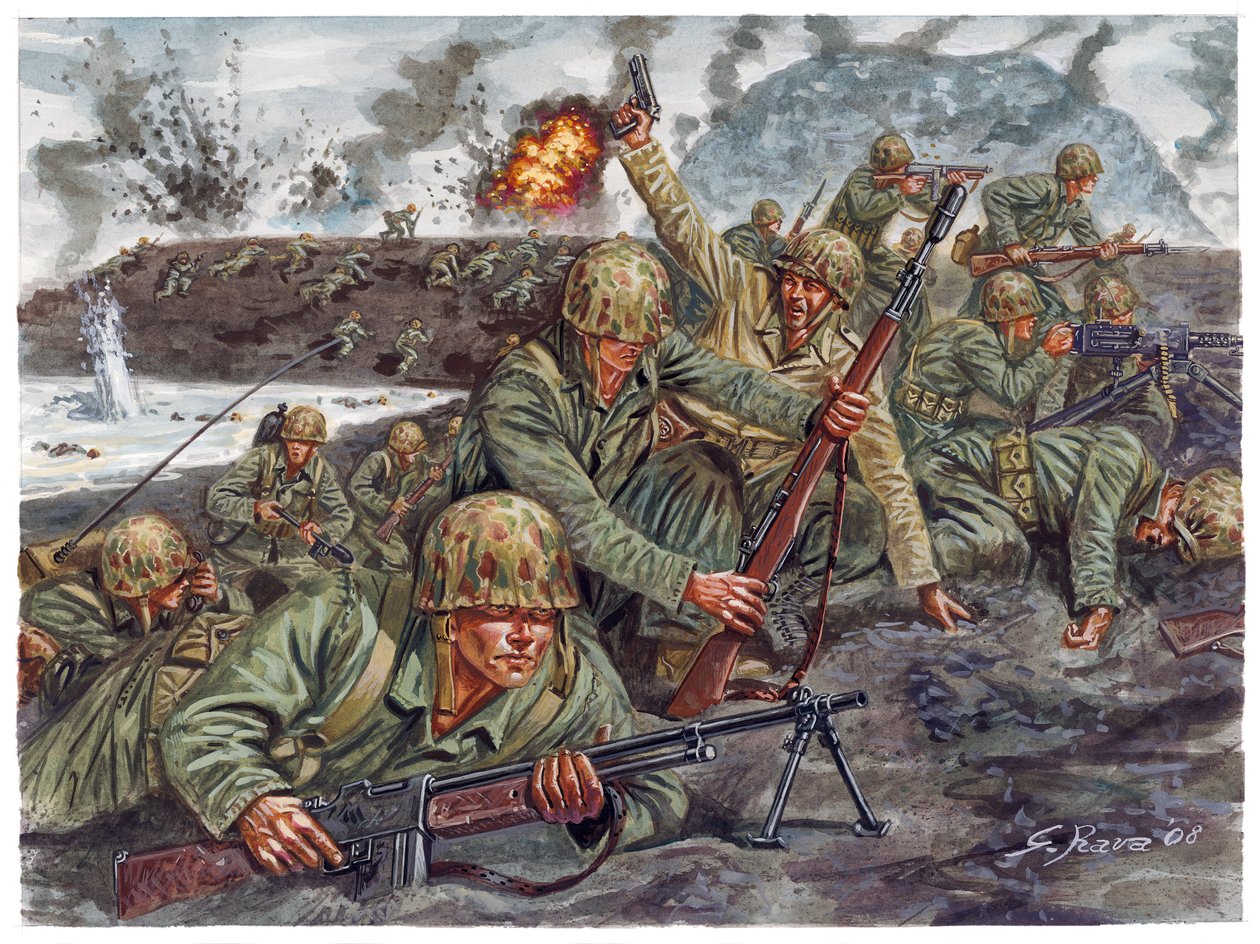Andra världskriget, Stillahavskriget: landstigning den 19 februari 1945 av marinkårens amfibiekår under slaget om Iwo Jima i Japan - Andra världskriget, Stillahavskriget: Slaget om Iwo Jima (Operation Detachment), de amerikanska marinkårernas amfibielandni av Giuseppe Rava