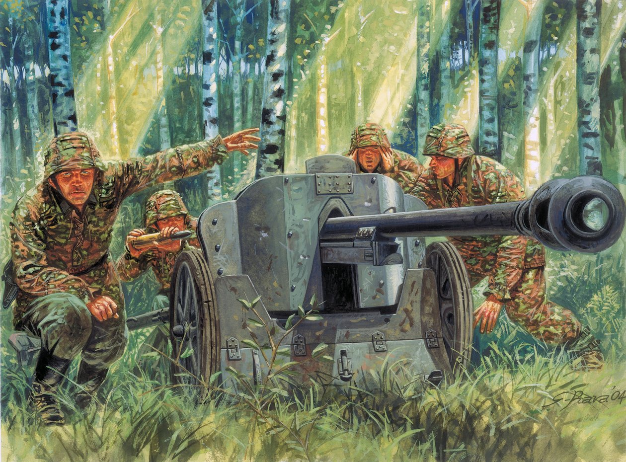 Andra världskriget: Panzerabwehrkanone 38 eller Pak 38, tysk pansarvärnskanon - Andra världskriget: 5 cm Pak 38, tysk pansarvärnskanon med 50 mm kaliber - Illustration av Giuseppe Rava av Giuseppe Rava