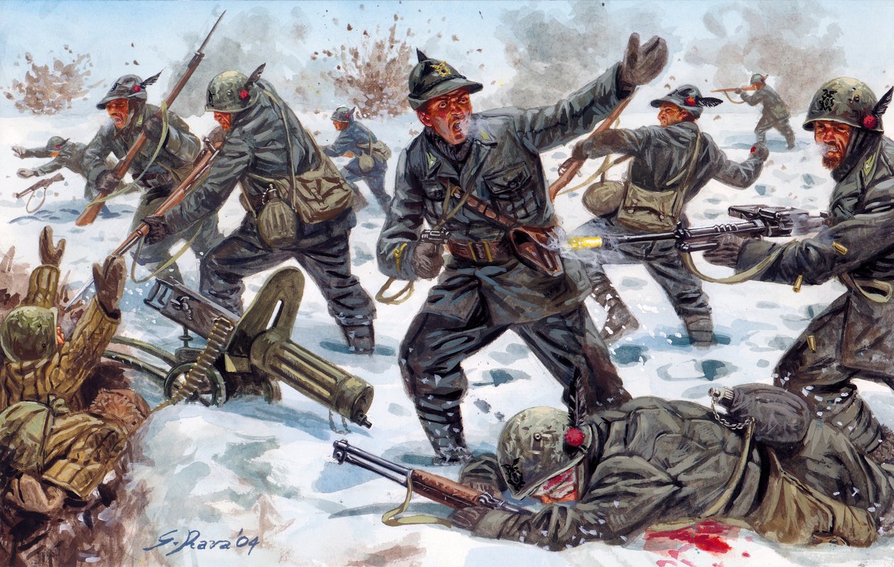 Andra världskriget, ryska fronten: Italienska alpina jägare i Ryssland i januari 1943 - Andra världskriget, ryska fronten: de italienska alpina jägarna i Ryssland, januari 1943 - Illustration av Giuseppe Rava av Giuseppe Rava