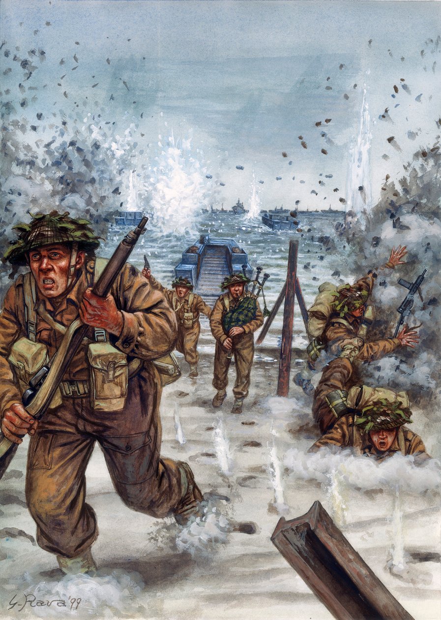 Andra världskriget: Skotska soldater under landstigningen i Normandie 6/06/1944 - Andra världskriget, D-dagen: Skotska soldater under landstigningen i Normandie den 6 juni 1944 - Illustration av Giuseppe Rava av Giuseppe Rava
