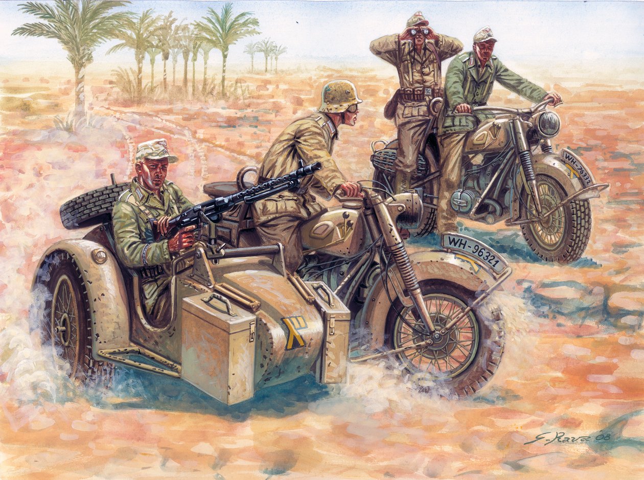 Andra världskriget: Deutsches Afrikakorps (DAK Afrika Korps) rullar i den libyska öknen i sidovagnar BMW av Giuseppe Rava