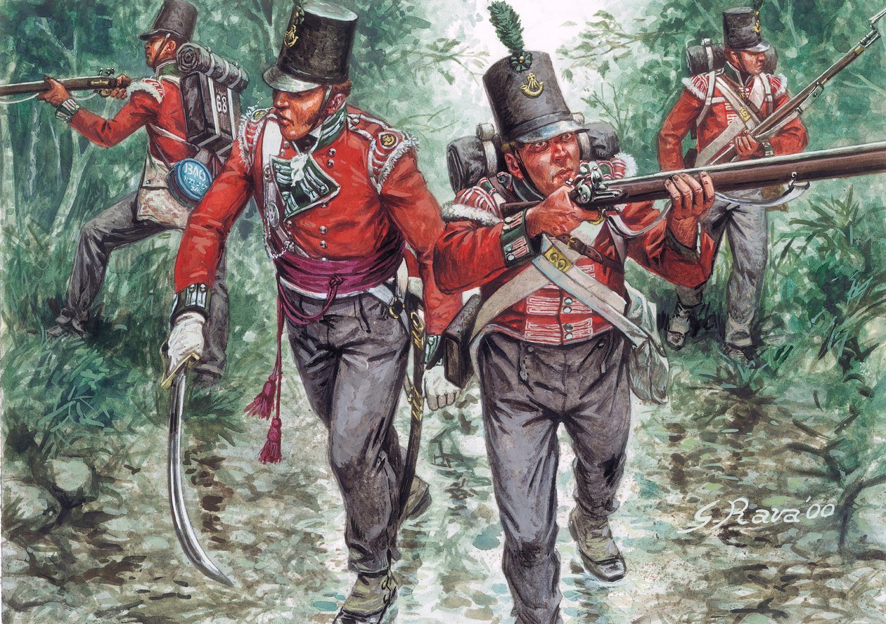 Soldater från det brittiska infanteriet patrullerar omkring 1810 - (Soldater från det brittiska infanteriet av Giuseppe Rava