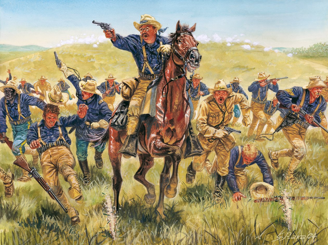 Spansk-amerikanska kriget eller Kubas självständighetskrig (1868-1898) mellan Spanien och Nordamerika: porträtt av den amerikanske soldaten och politikern Theodore Roosevelt (1858-1919) som anfaller med Rough riders på Kuba - Spansk-amerikanska kriget (Kub av Giuseppe Rava